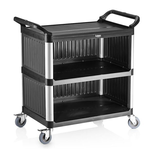 Biradlı Plastik Servis Arabası, Etrafı Kapalı, 520x960x1070 mm, Siyah