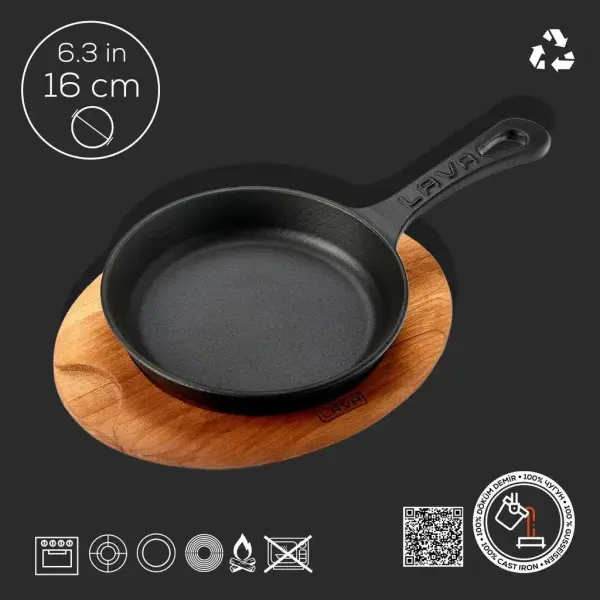 Lava Döküm Kızartma Tavası Yekpare Saplı Servis Ahşablı Çap16cm