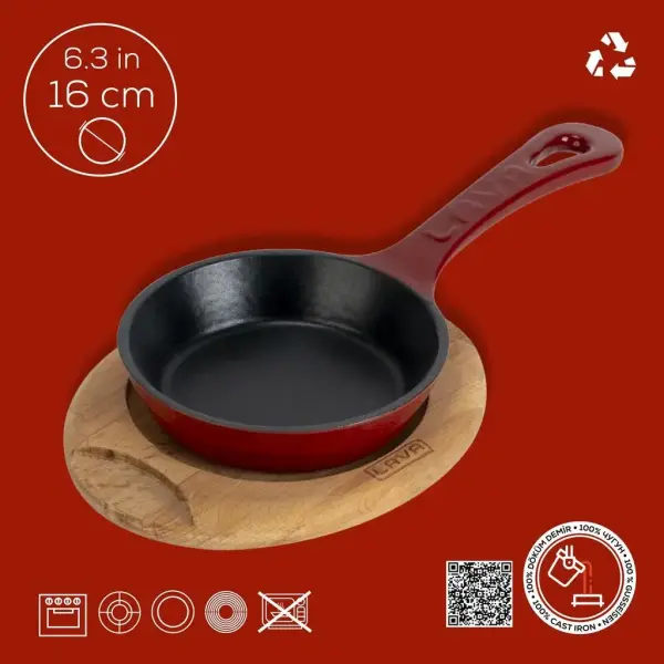 Lava Döküm Kızartma Tavası Yekpare Saplı Servis Ahşablı Çap16cm