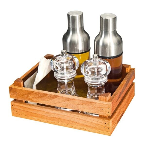 Biradlı Cam - Çelik Tuzluk Yağlık Takımı, Ahşap Kasalı