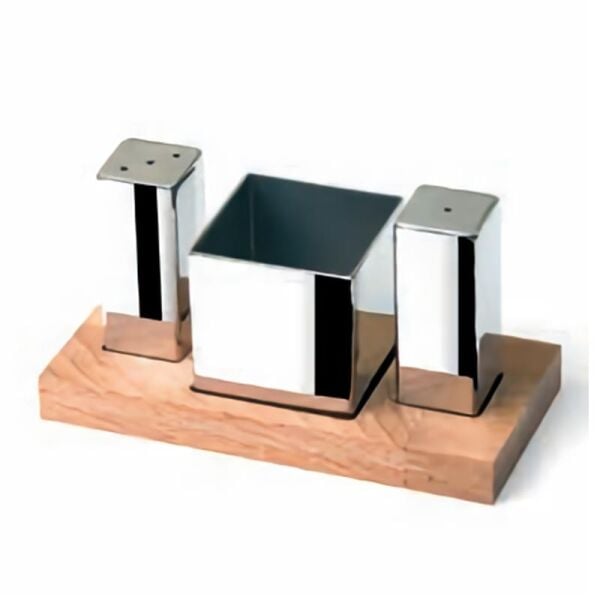 Biradlı Tuzluk Şekerlik Takımı, Ahşap Standlı, Kare, 3'lü